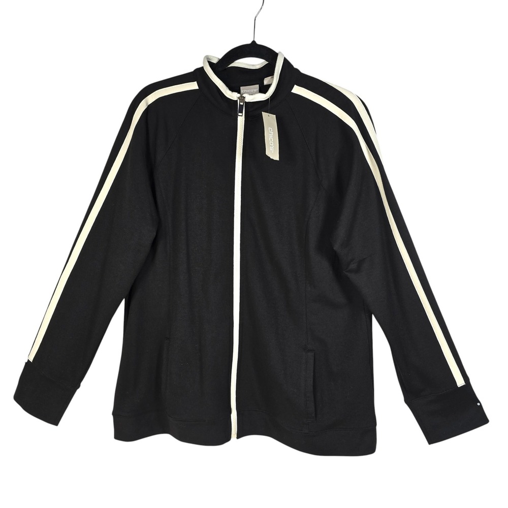 Chicos Zenergy Black White Stripe Full Zip Track Jacket Mock Neck Womens Size 2